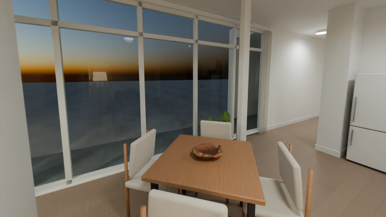 Sala de um dos apartamentos ao fim do dia, com mesa de jantar e grandes janelas, na visita virtual 360°