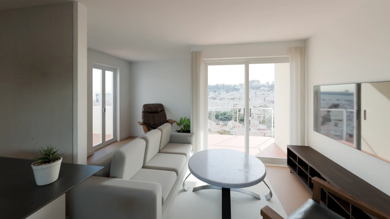 Sala depois da remodelação, com sofá, mesa de centro e varanda com vista, na visita virtual 360°